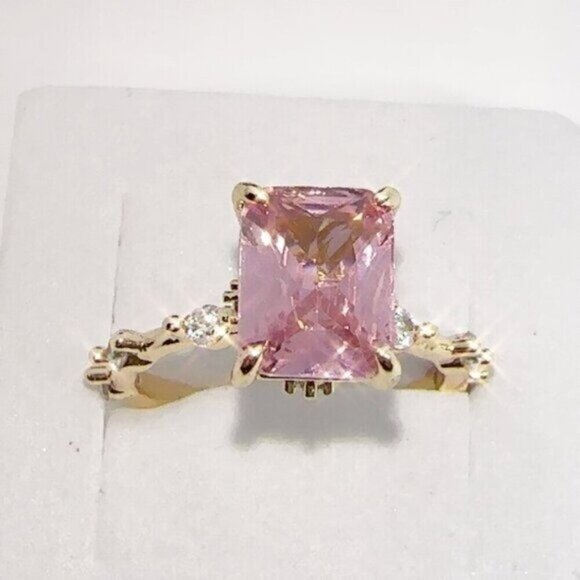 Princess Cut Pink CZ Ring – Gold Plated  Micro Inlay, Sizes 5 - Picture 1 of 5